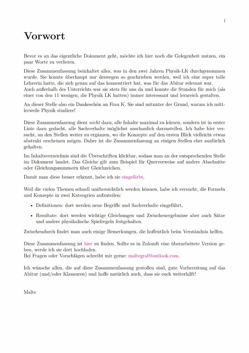 Zusammenfassung Physik LK
ABITUR 2022
Malte Graf
Diese Zusammenfassung wurde für das Abitur 2022 in Baden-Württemberg
nach dem Bildungsplan 