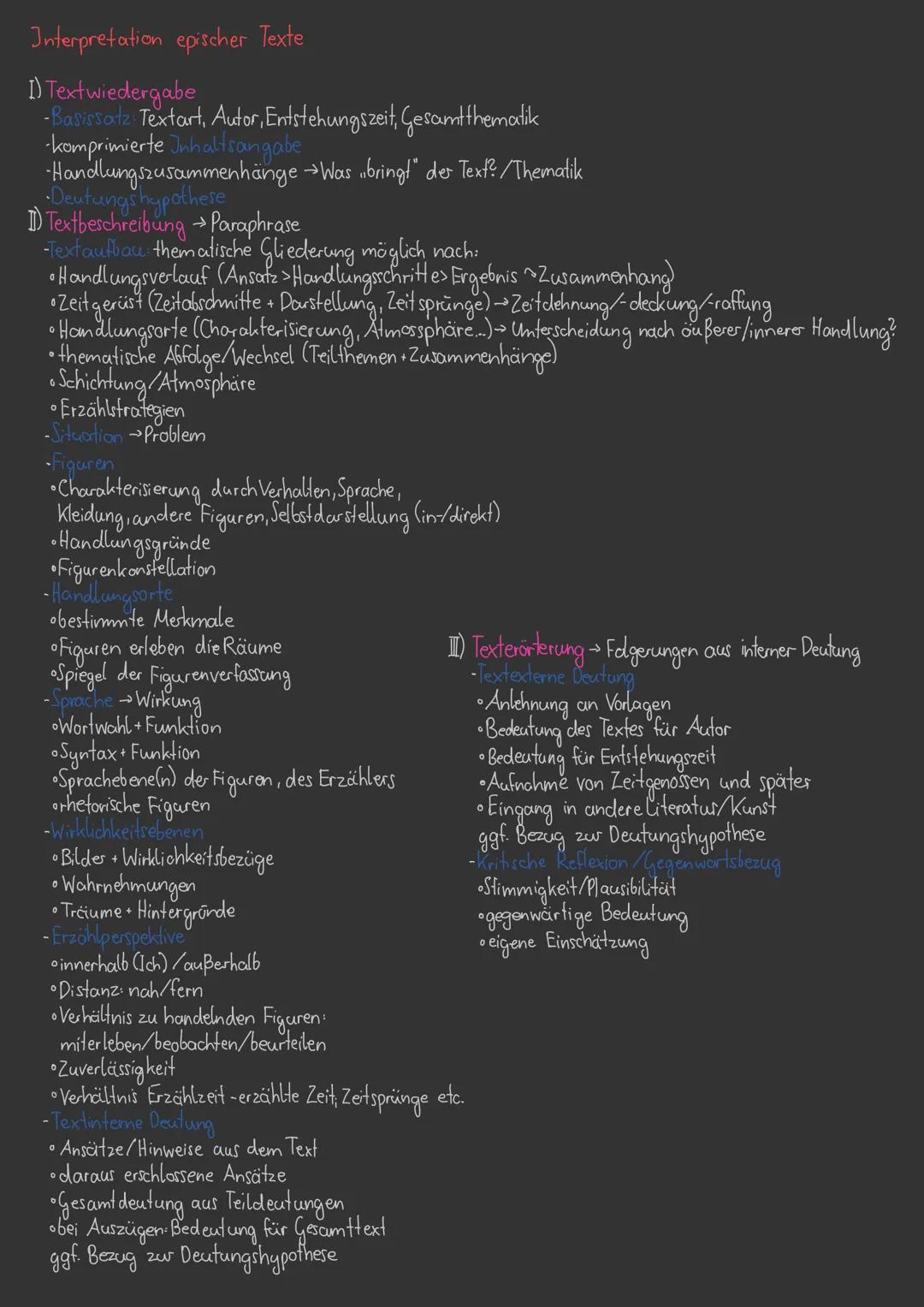 Interpretation epischer Texte

1) Textwiedergabe
-Basissatz Textart, Autor, Entstehungszeit, Gesamtthematik
-komprimierte Inhaltsangabe
-Han