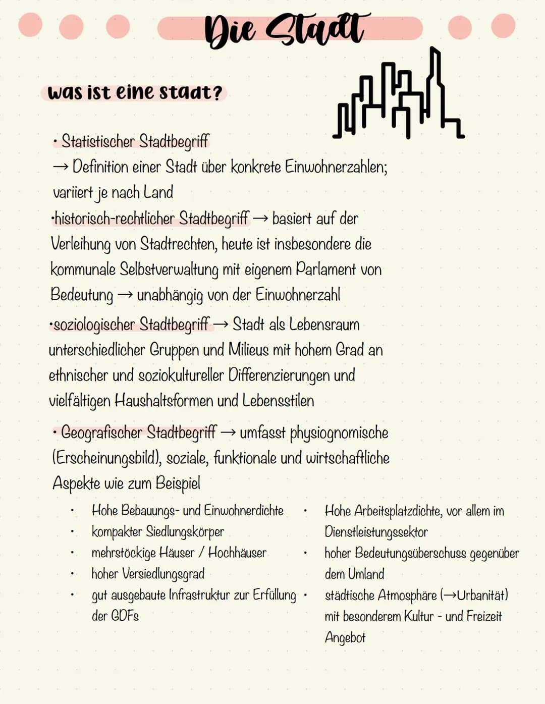 GEOGRAFIE LK
KLAUSUR Q1
DIE STADT
سا Die Stadt
was ist eine stadt?
WHAR
• Statistischer Stadtbegriff
Definition einer Stadt über konkrete Ei