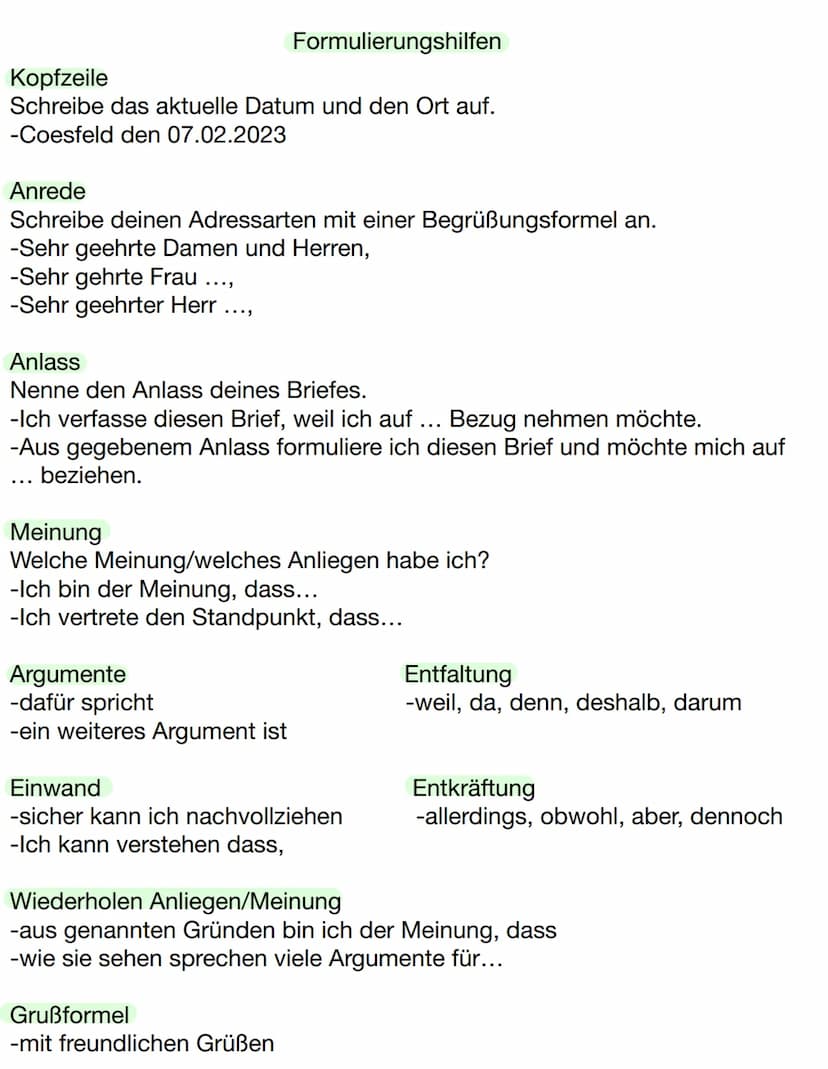 ARGUMENTAT IVE BRIEFE
AUFBAU
Einleitung
Ort/Datum
Anrede
Anlass
Meinung
Hauptteil
[Argument (schwach)
2. Argument (mittel)
3. Argument (star