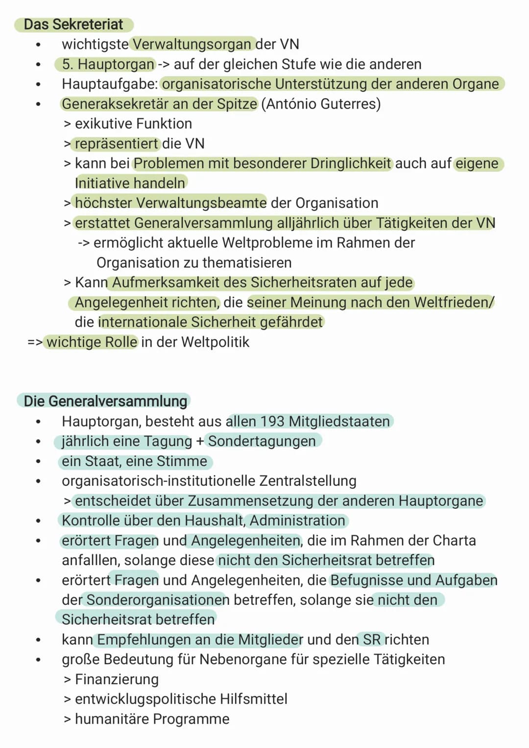 Das Sekreteriat
●
●
●
=> wichtige Rolle in der Weltpolitik
●
Die Generalversammlung
●
●
wichtigste Verwaltungsorgan der VN
5. Hauptorgan -> 