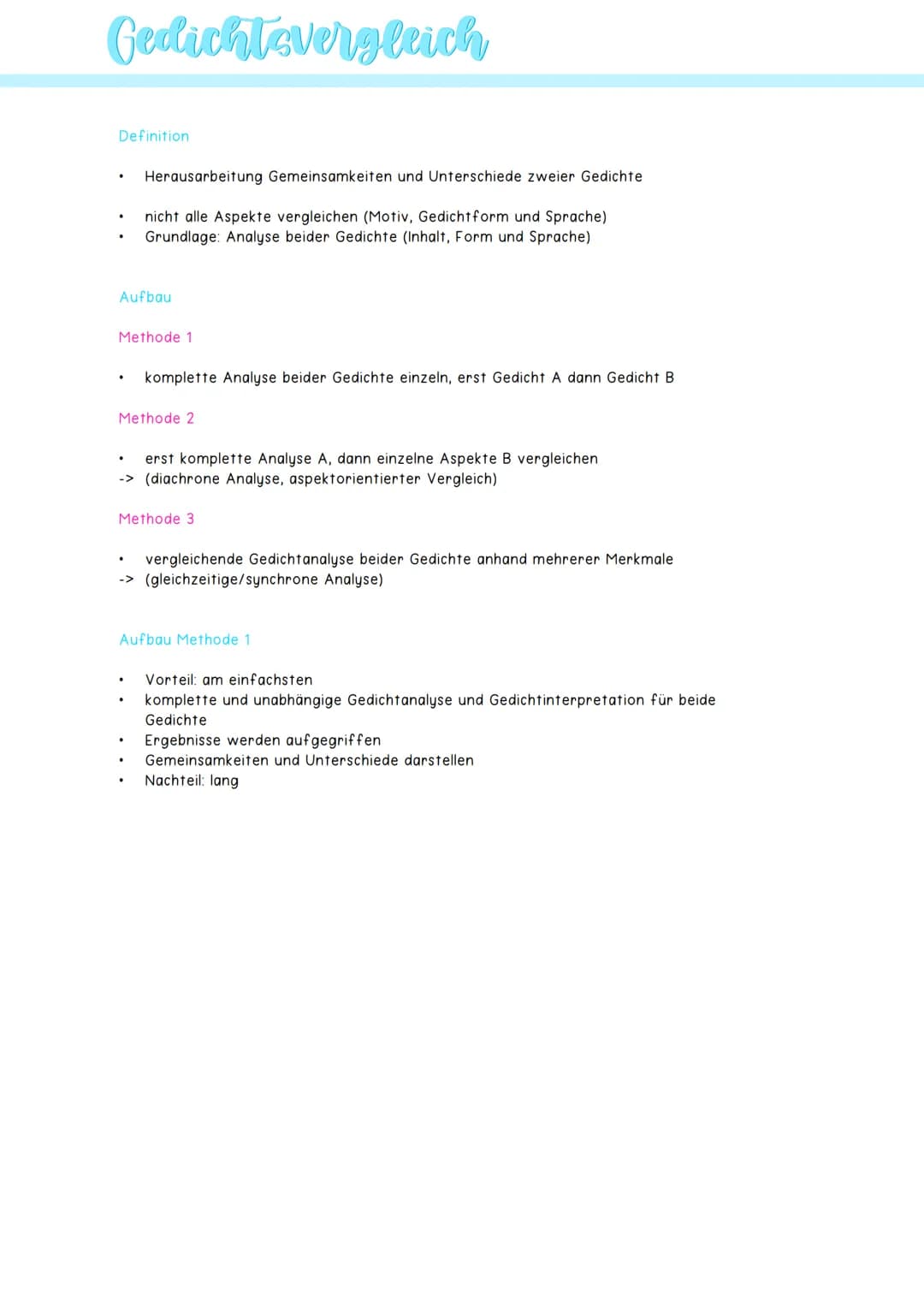 Gedichtsvergleich
Definition
.
Aufbau
Herausarbeitung Gemeinsamkeiten und Unterschiede zweier Gedichte
nicht alle Aspekte vergleichen (Motiv