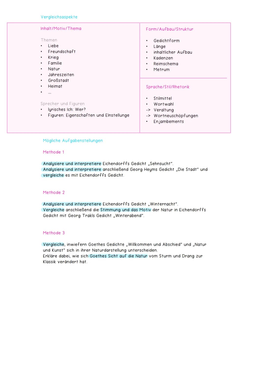Gedichtsvergleich
Definition
.
Aufbau
Herausarbeitung Gemeinsamkeiten und Unterschiede zweier Gedichte
nicht alle Aspekte vergleichen (Motiv