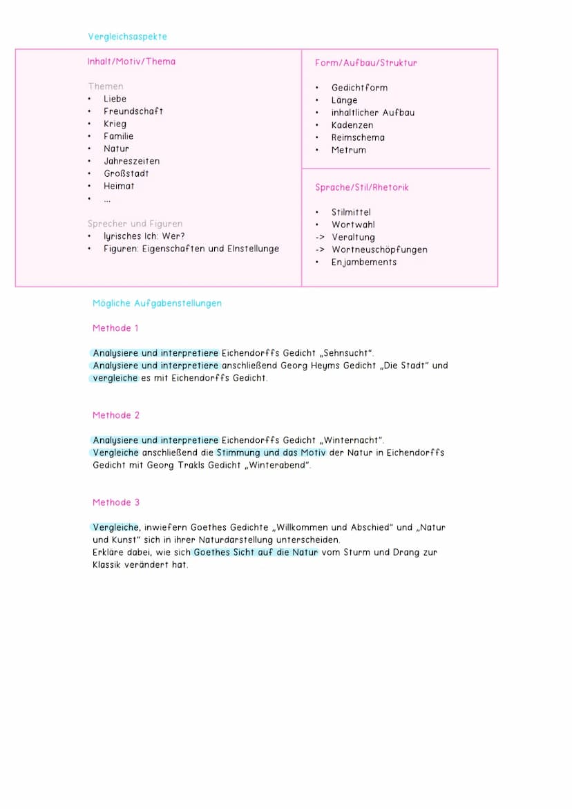 Gedichtsvergleich
Definition
.
Aufbau
Herausarbeitung Gemeinsamkeiten und Unterschiede zweier Gedichte
nicht alle Aspekte vergleichen (Motiv