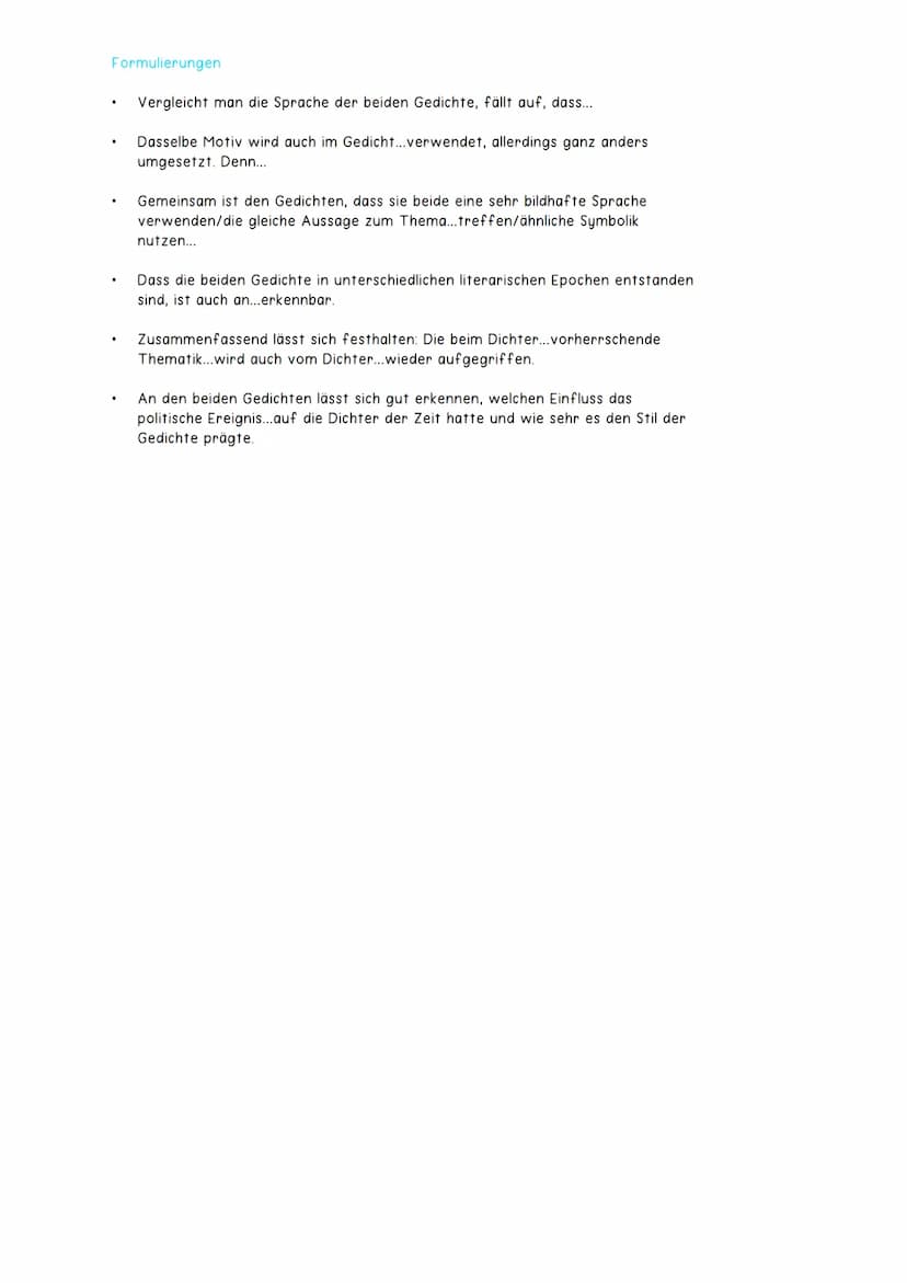 Gedichtsvergleich
Definition
.
Aufbau
Herausarbeitung Gemeinsamkeiten und Unterschiede zweier Gedichte
nicht alle Aspekte vergleichen (Motiv