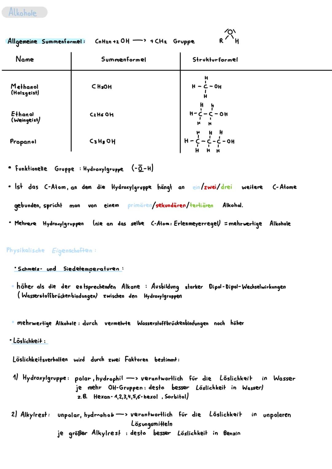 Alkohole

Allgemeine Summenformel: $C_nH_{2n} +2 OH \longrightarrow +CH_2$ Gruppe

$R\ \ \ \ \ \ \ \ \ \ \ \ \ \ \ \ \ \ \ \ \ \ \ \ \ \ \ \