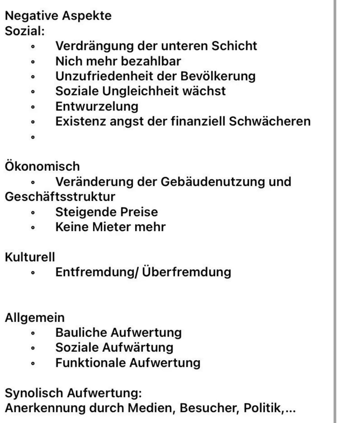 Gentrifizierung
Positive Aspekte
Soziale Aufwertung:
0
0
O
O
O
0
Zuzug von quatiersfremden sozialen Gruppen
(bildung- und einkommenshöher)
Ö