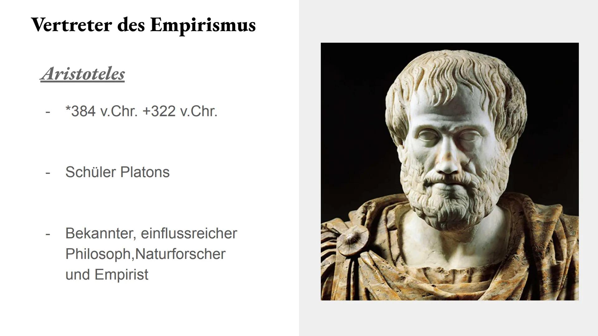 Empirismus Inhaltsverzeichnis
-
-
Definition
Vertreter des Empirismus
Aristoteles
Aristoteles Aristoteles Locke
Empirismus vs Rationalismus

