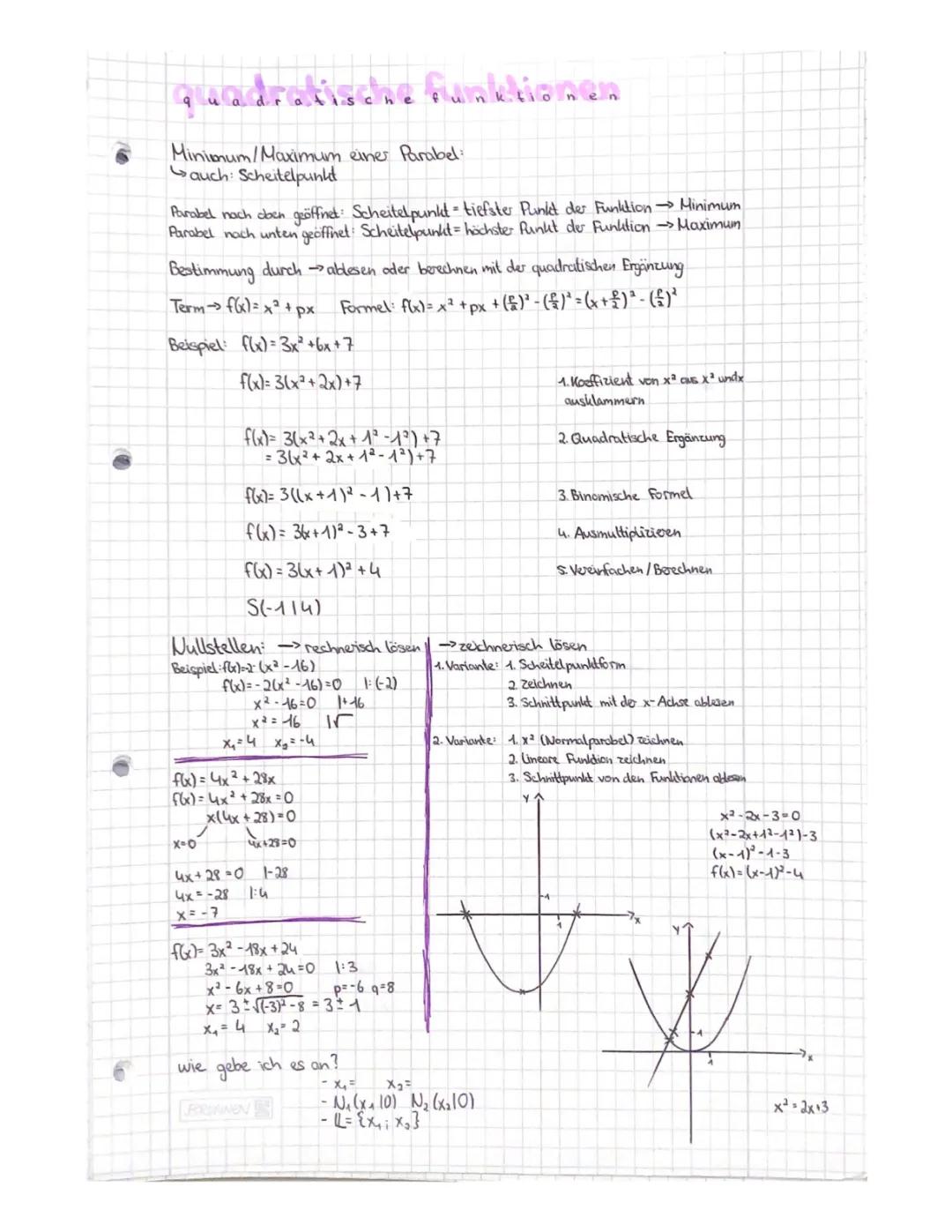 Wie man Minimum und Maximum einer Parabel berechnet und Nullstellen findet