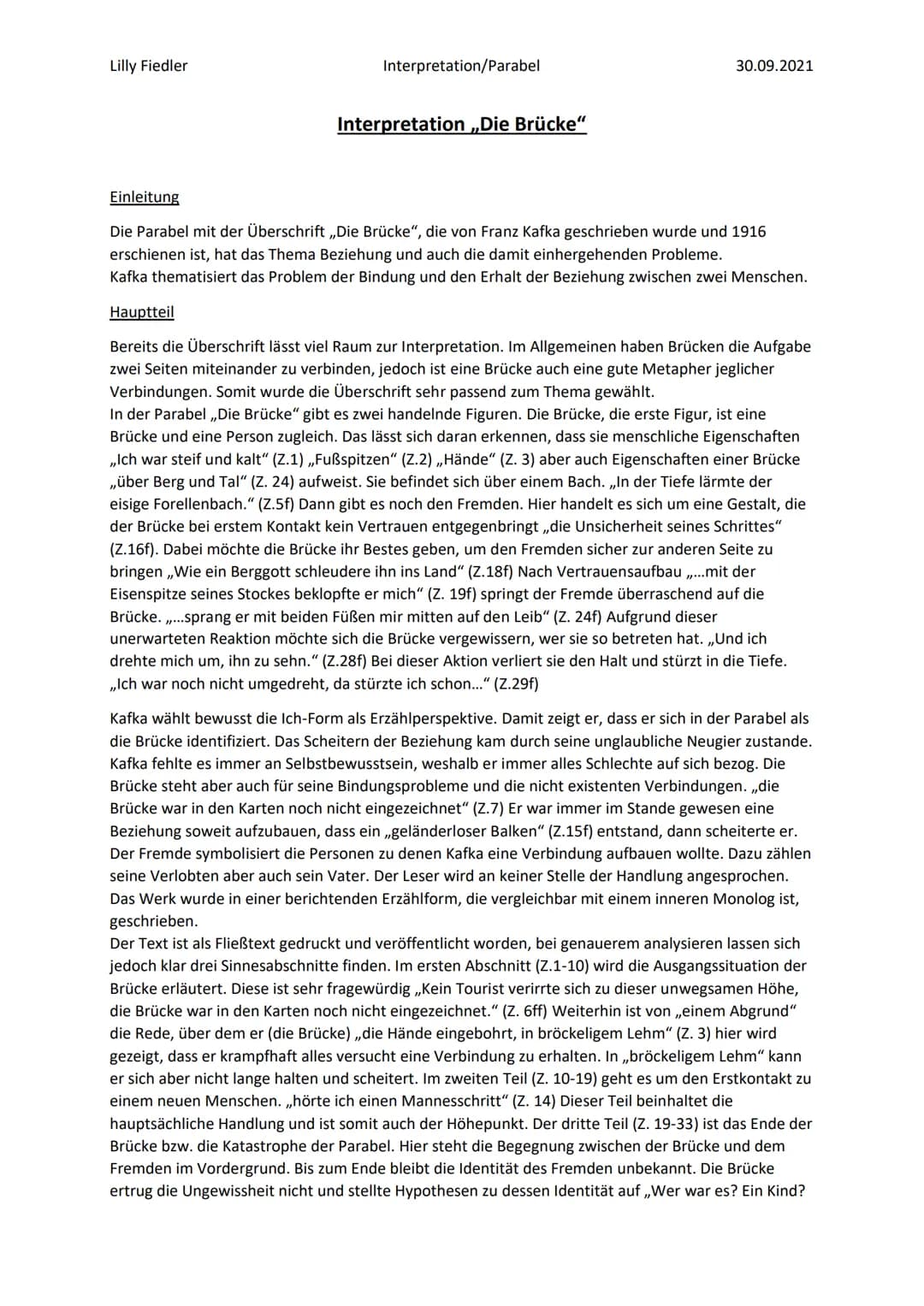 Lilly Fiedler
Interpretation/Parabel
Interpretation ,,Die Brücke"
30.09.2021
Einleitung
Die Parabel mit der Überschrift ,,Die Brücke", die v