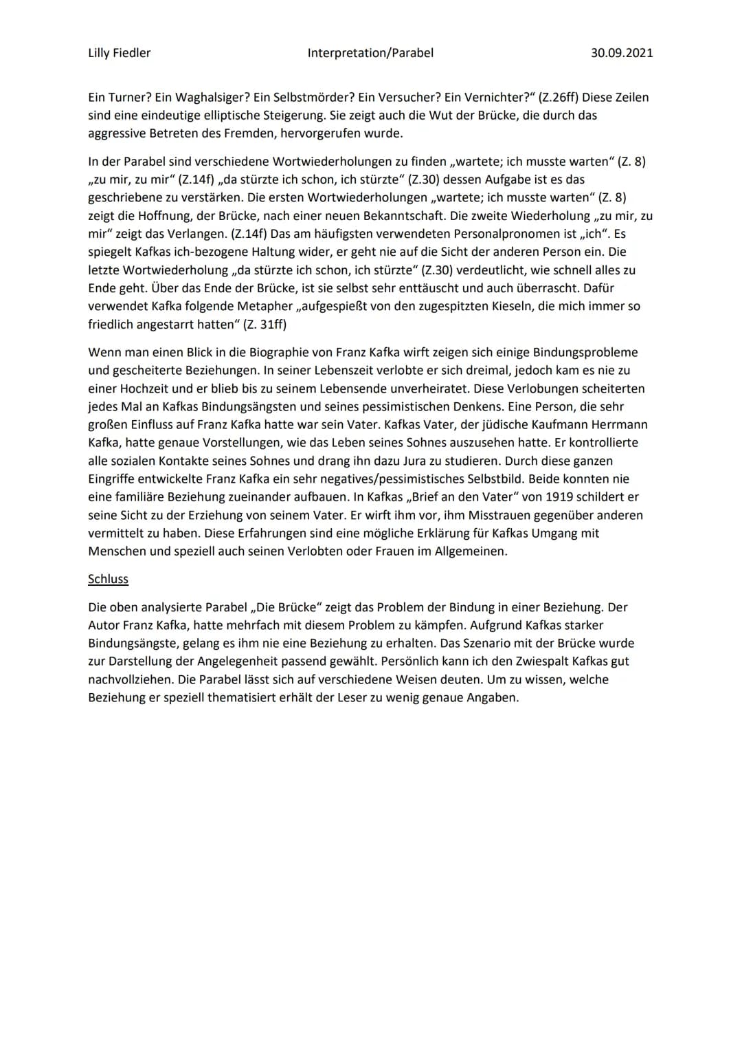 Lilly Fiedler
Interpretation/Parabel
Interpretation ,,Die Brücke"
30.09.2021
Einleitung
Die Parabel mit der Überschrift ,,Die Brücke", die v