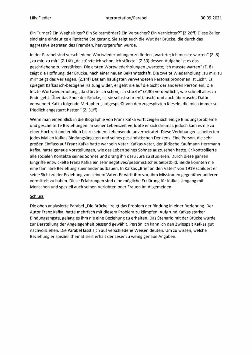 Lilly Fiedler
Interpretation/Parabel
Interpretation ,,Die Brücke"
30.09.2021
Einleitung
Die Parabel mit der Überschrift ,,Die Brücke", die v