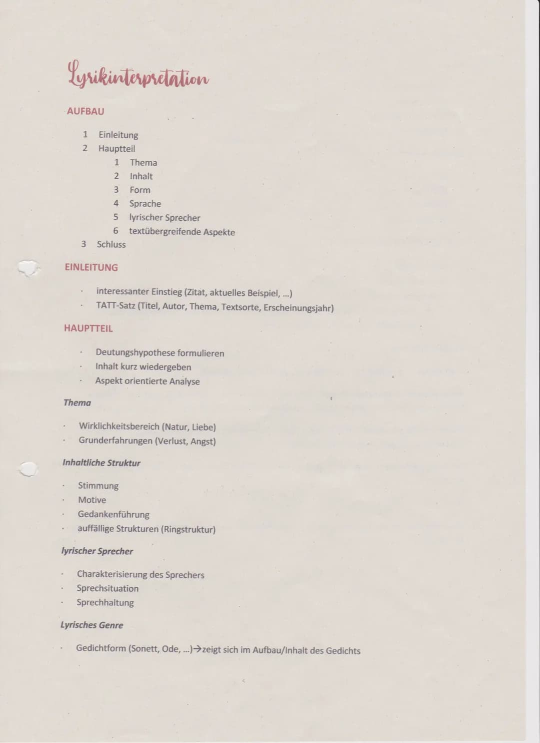 Lyrikinterpretation
AUFBAU
1 Einleitung
2 Hauptteil
2
3
4 Sprache
5 lyrischer Sprecher
6
3 Schluss
EINLEITUNG
1 Thema
Inhalt
Form
HAUPTTEIL
