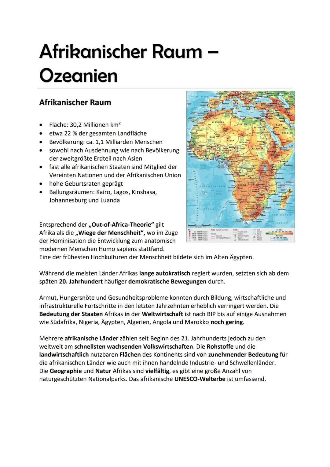 Afrikanischer Raum
Ozeanien
Afrikanischer Raum
●
Fläche: 30,2 Millionen km²
etwa 22 % der gesamten Landfläche
Bevölkerung: ca. 1,1 Milliarde