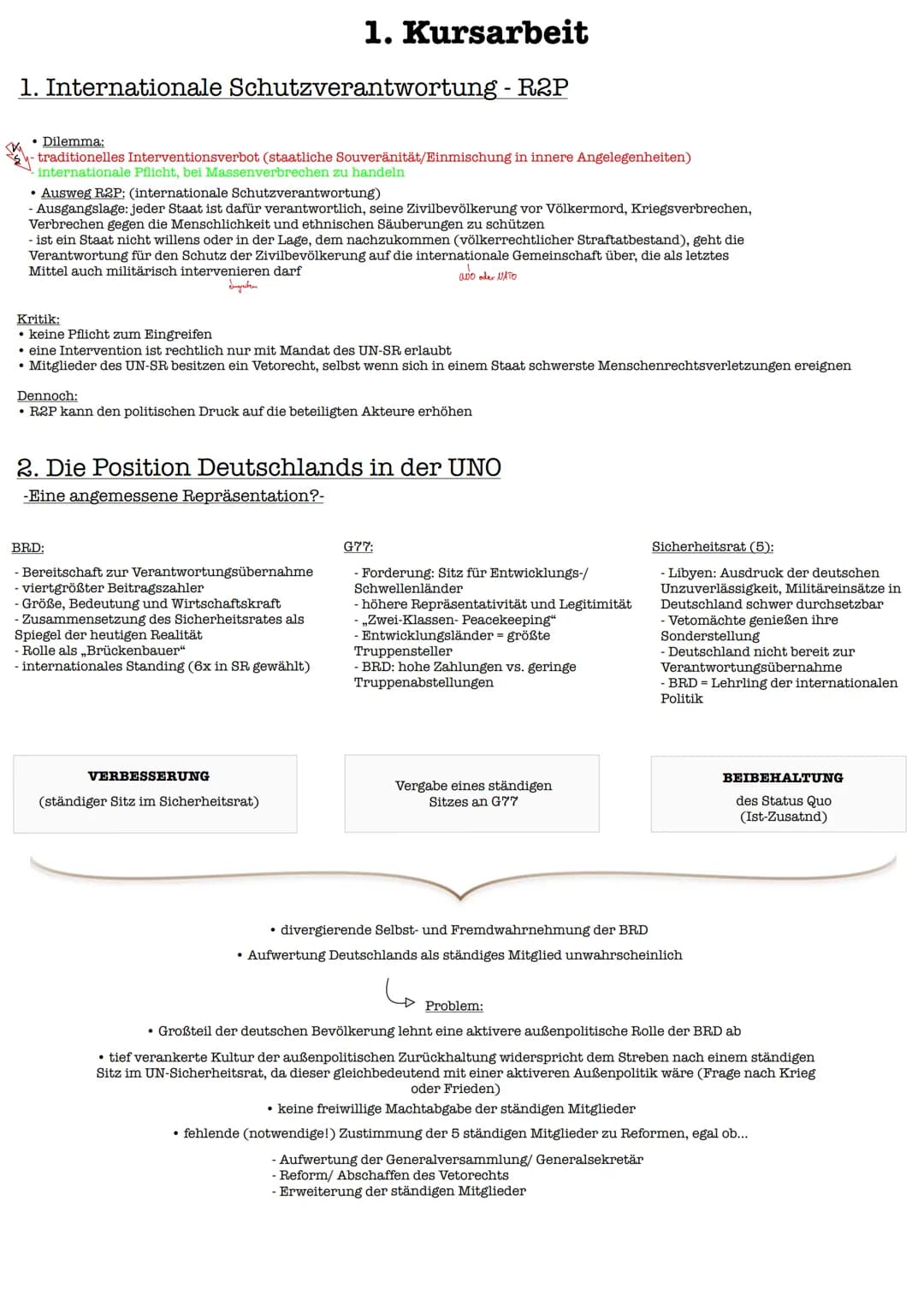 1. Kursarbeit
1. Internationale Schutzverantwortung - R2P
• Dilemma:
traditionelles Interventionsverbot (staatliche Souveränität/Einmischung