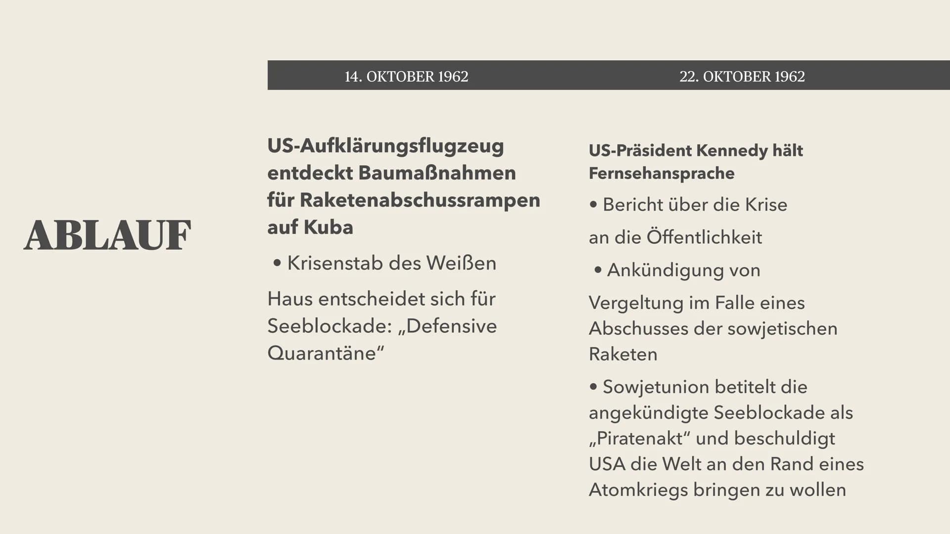 weres Aus-
cungsmaterial
Kubakrise
Vorrichtungen
5 Raketen-Monta
Anlagen
20 Treibsto
Tanks
Rakete
porter EASTWEST
HANDS OFF
CUBA
NO WAR
over