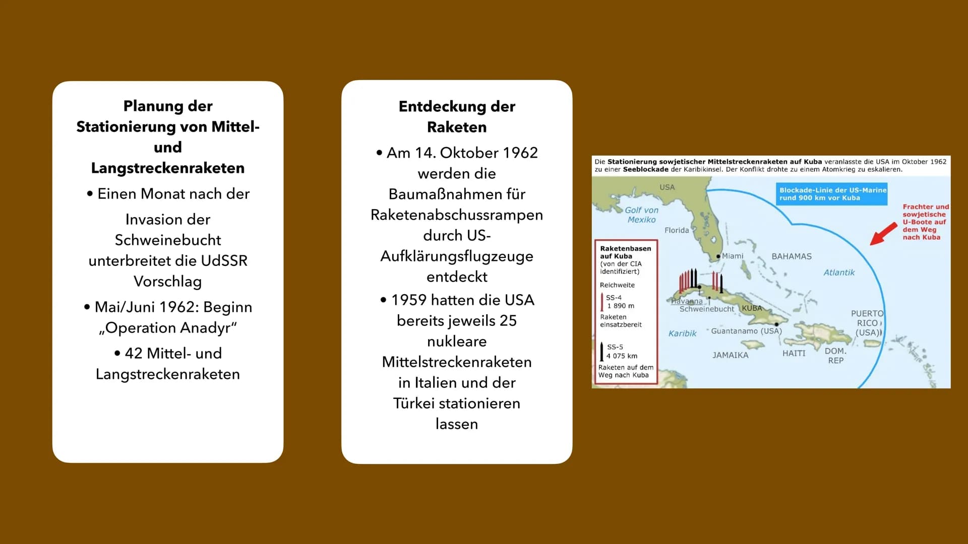 weres Aus-
cungsmaterial
Kubakrise
Vorrichtungen
5 Raketen-Monta
Anlagen
20 Treibsto
Tanks
Rakete
porter EASTWEST
HANDS OFF
CUBA
NO WAR
over