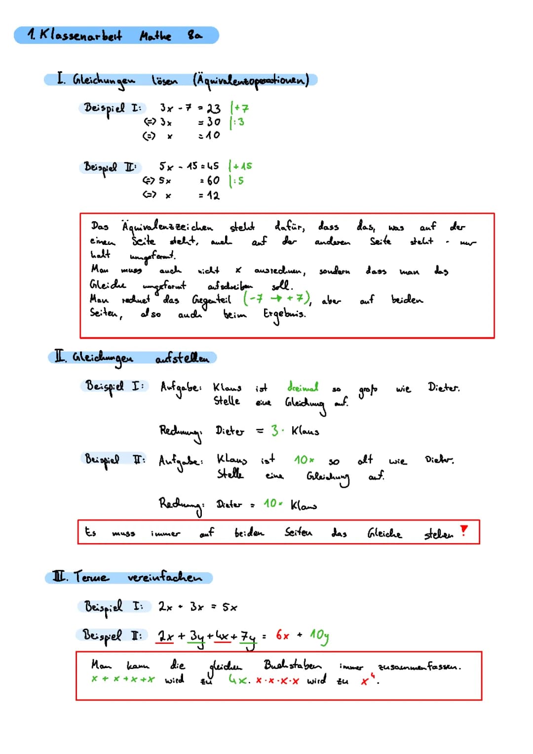 Gleichungen lösen Klasse 7 und 8: Übungen mit Lösungen, Terme vereinfachen, Potenzen und Klammern - PDF mit Beispielen