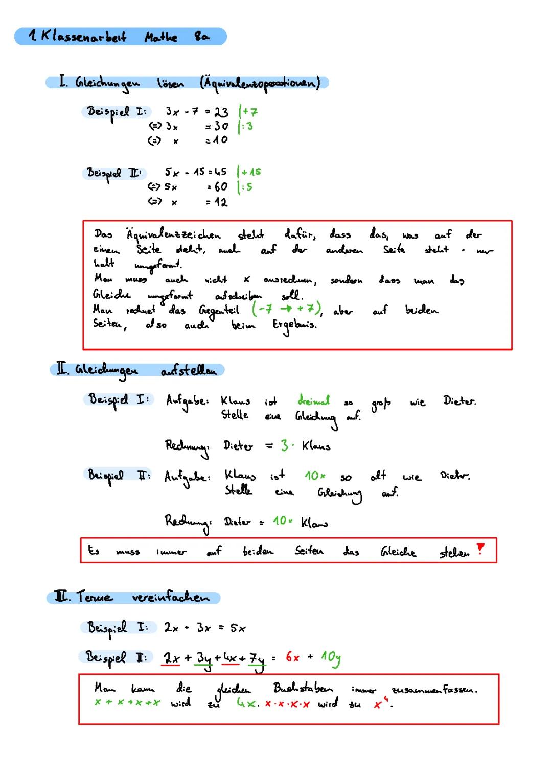 Gleichungen lösen Klasse 7 und 8: Übungen mit Lösungen, Terme vereinfachen, Potenzen und Klammern - PDF mit Beispielen