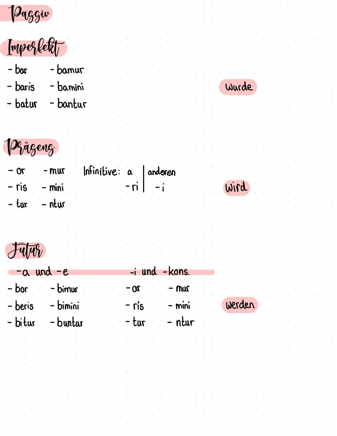 Passiv

Imperfekt
- bar - bamur
- baris - bamini
- batur - bantur

Präseng
- or -mur Infinitive: a | anderen
- ris - mini - ri | -i
- tur - 
