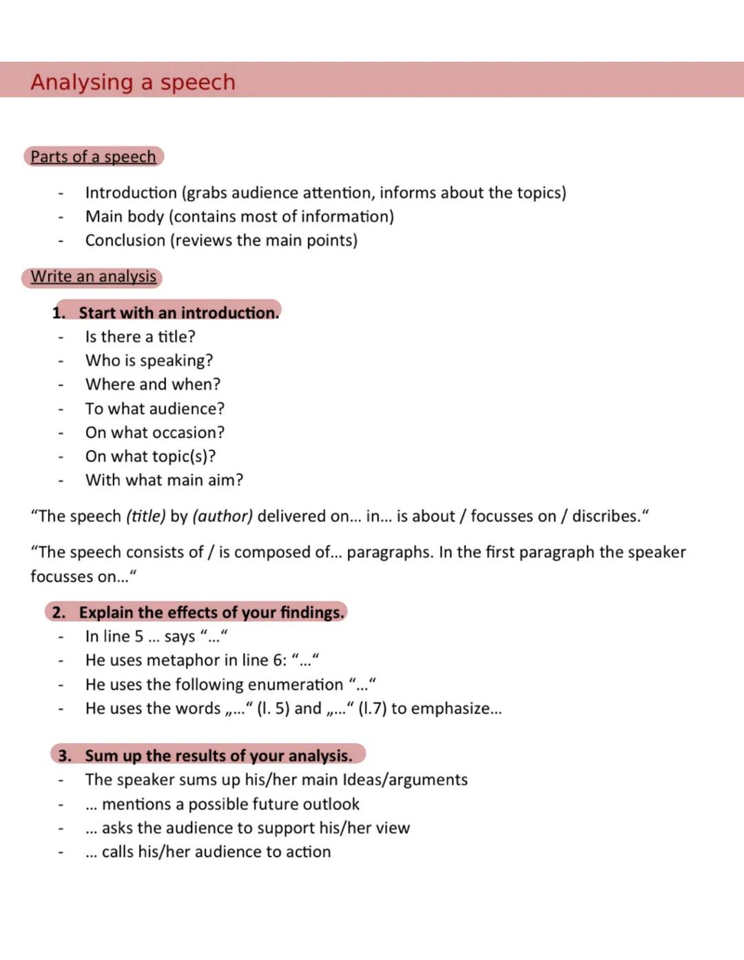 # Analysing a speech

Parts of a speech
- Introduction (grabs audience attention, informs about the topics)
- Main body (contains most of in