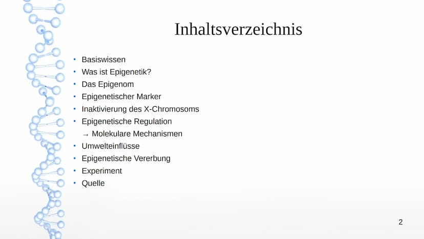 Epigenetik
Von:
Agsaya
1 ●
●
●
●
●
●
Basiswissen
Was ist Epigenetik?
Das Epigenom
Inhaltsverzeichnis
Epigenetischer Marker
Inaktivierung des
