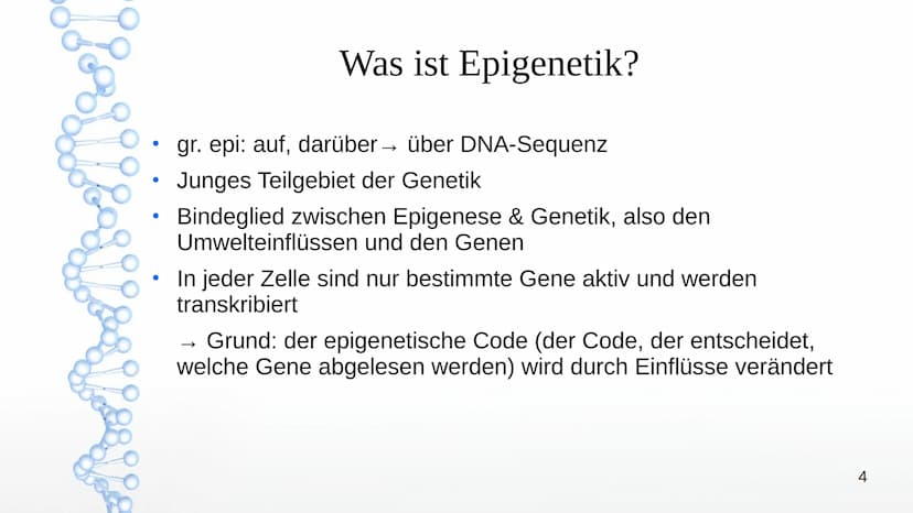 Epigenetik
Von:
Agsaya
1 ●
●
●
●
●
●
Basiswissen
Was ist Epigenetik?
Das Epigenom
Inhaltsverzeichnis
Epigenetischer Marker
Inaktivierung des