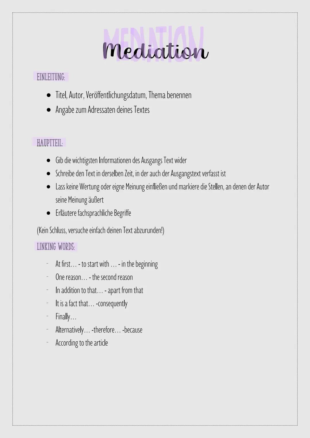 mediation
EINLEITUNG:
• Titel, Autor, Veröffentlichungsdatum, Thema benennen
Angabe zum Adressaten deines Textes
HAUPTTEIL:
● Gib die wichti