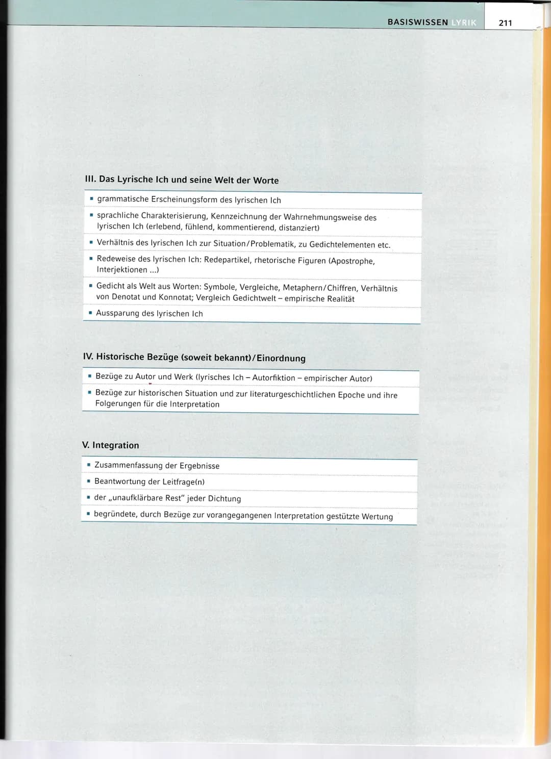 210
BASISWISSEN: Lyrik
1. Vom Gespräch mit dem Gedicht zur Interpretation
1. Textaufbereitung
(Lautes) Lesen (mehrfach)
▪ Beim Lesen wichtig