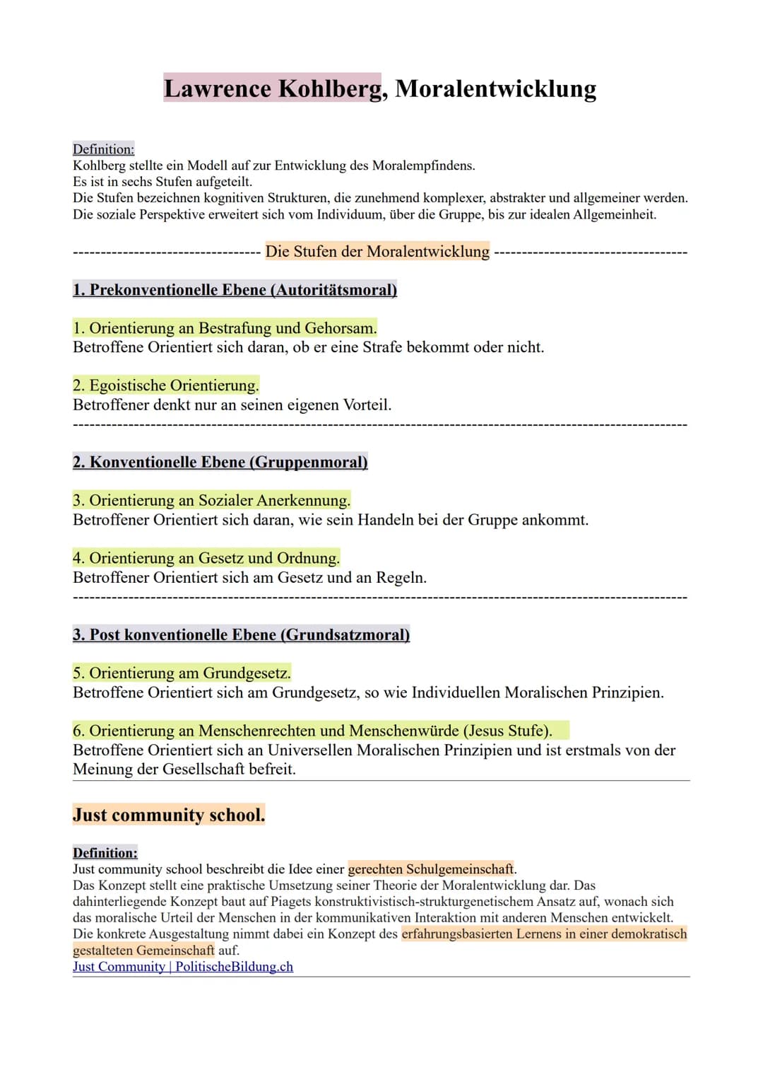 Lawrence Kohlberg, Moralentwicklung
Definition:
Kohlberg stellte ein Modell auf zur Entwicklung des Moralempfindens.
Es ist in sechs Stufen 