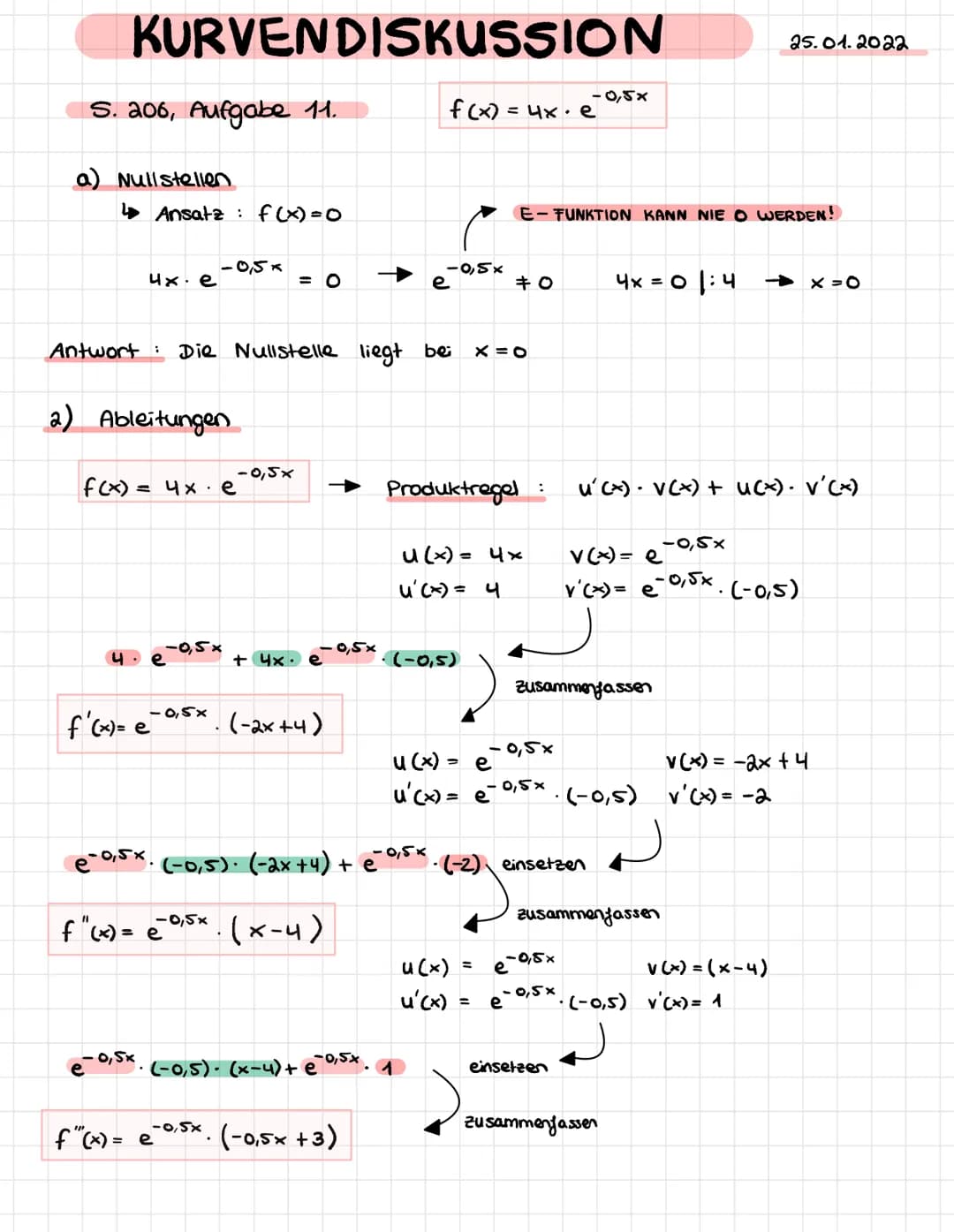 KURVENDISKUSSION
S. 206, Aufgabe 11.
a) Nullstellen
↳ Ansatz: f(x) = 0
4x.e
2) Ableitungen
4.
f(x) = 4x e
0,5x
f'(x)= e
Antwort: Die Nullste