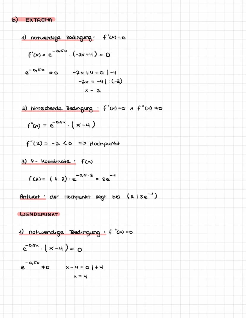 KURVENDISKUSSION
S. 206, Aufgabe 11.
a) Nullstellen
↳ Ansatz: f(x) = 0
4x.e
2) Ableitungen
4.
f(x) = 4x e
0,5x
f'(x)= e
Antwort: Die Nullste