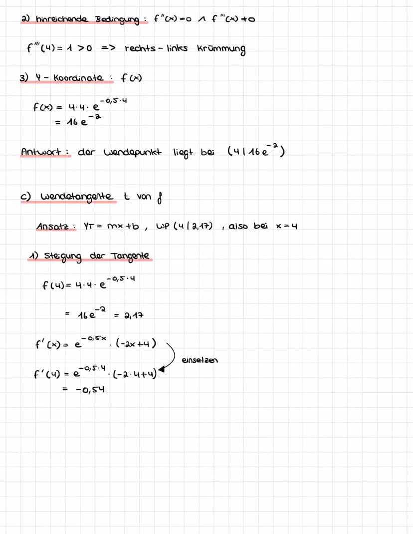 KURVENDISKUSSION
S. 206, Aufgabe 11.
a) Nullstellen
↳ Ansatz: f(x) = 0
4x.e
2) Ableitungen
4.
f(x) = 4x e
0,5x
f'(x)= e
Antwort: Die Nullste