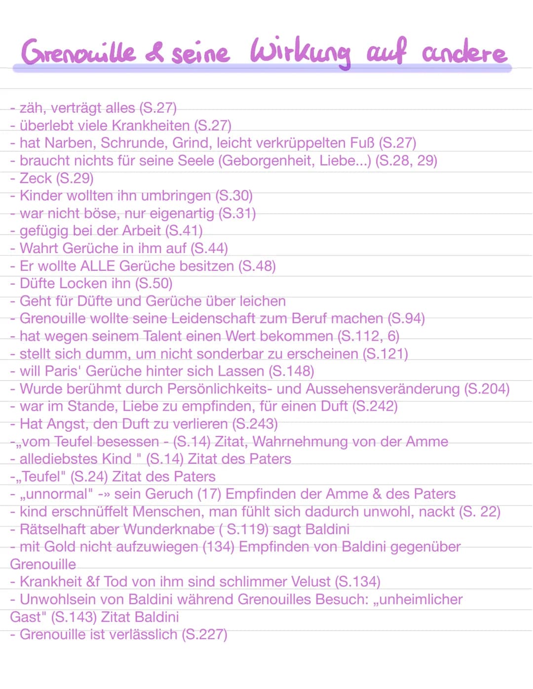 charakterbild Grenouilles
(S.28-29)
-geniale olfaktorische Begabung; motiviert, Neues zu lernen (S.122)
- wird von seinem Lehrer als, Schwac