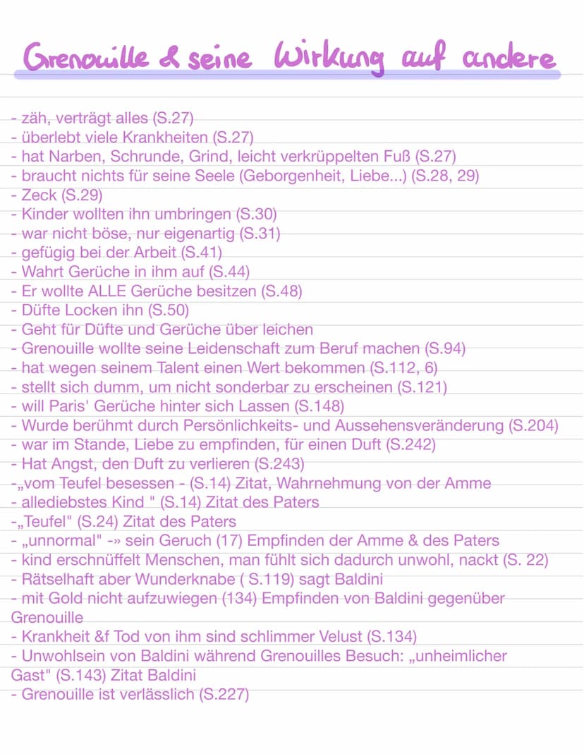 charakterbild Grenouilles
(S.28-29)
-geniale olfaktorische Begabung; motiviert, Neues zu lernen (S.122)
- wird von seinem Lehrer als, Schwac