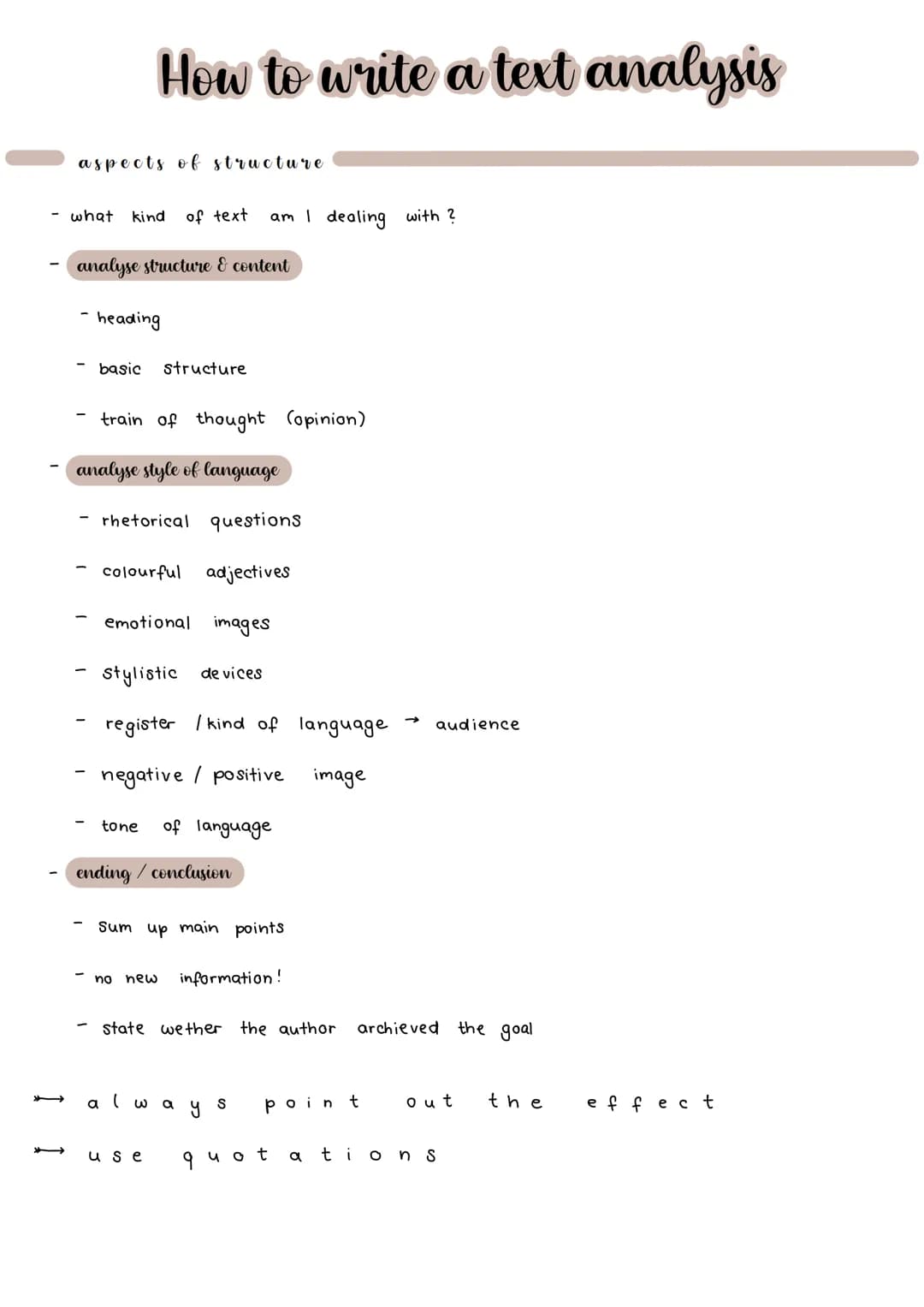 How to write a text analysis
aspects of structure
- what kind of text am I dealing with ?
analyse structure & content
heading
basic structur