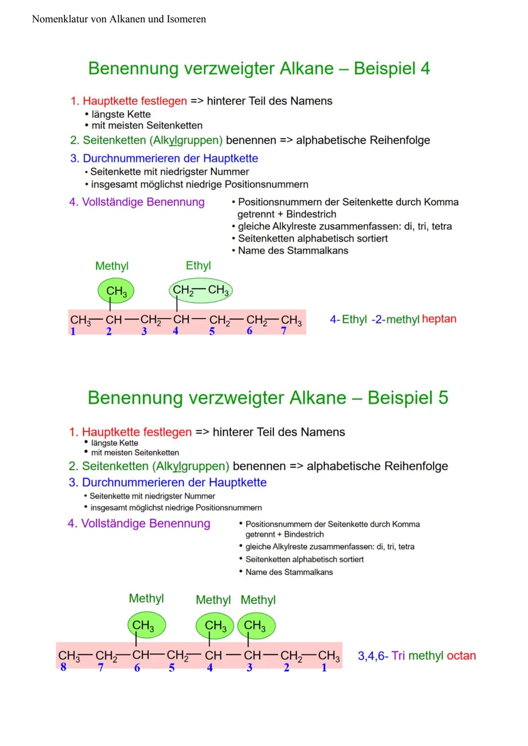 Nomenklatur von Alkanen und Isomeren
Nomenklatur Regeln nach ,,International Union of Pure and Applied Chemistry" (IUPAC).
Für die Alkane ge