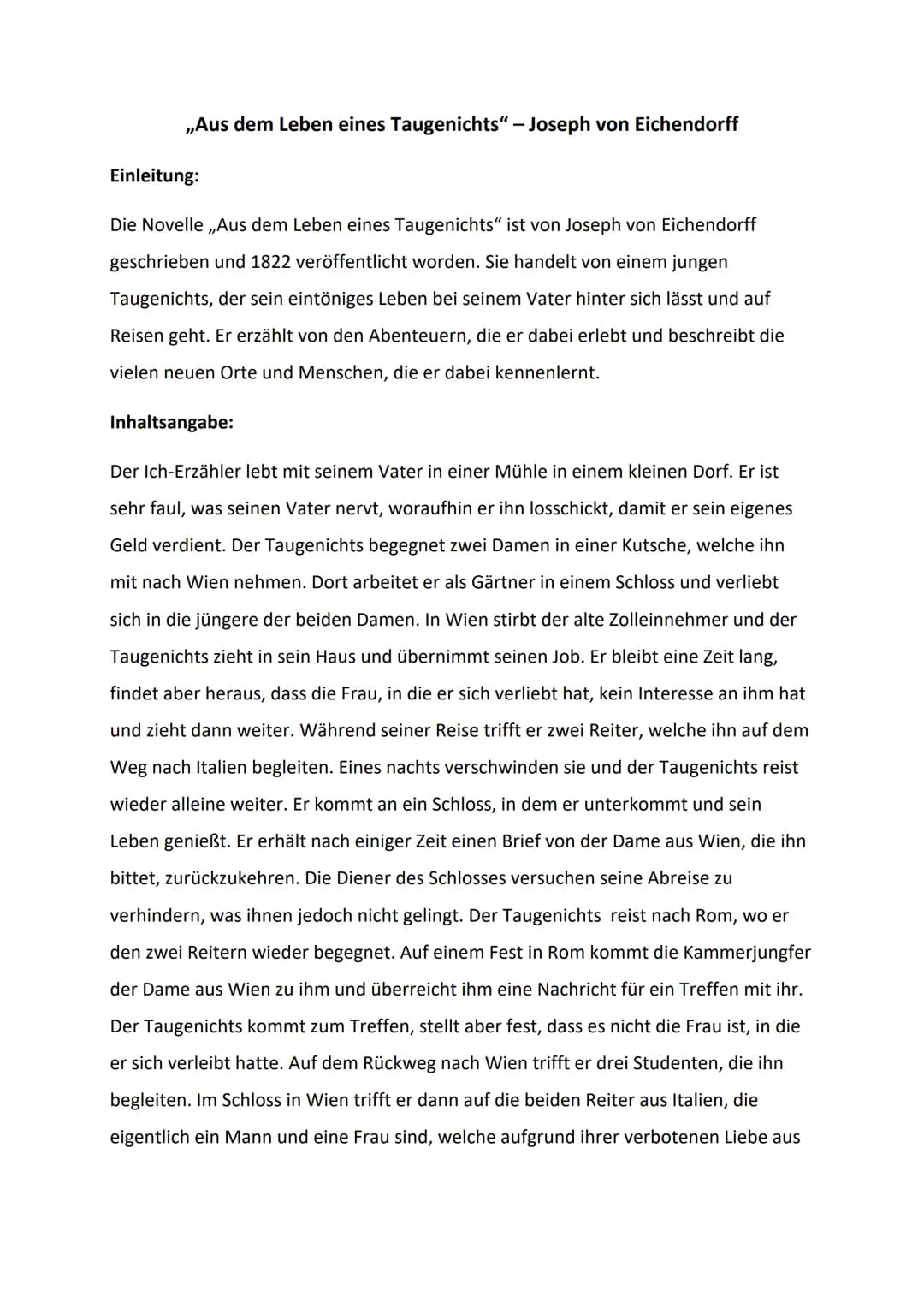 ,,Aus dem Leben eines Taugenichts" -Joseph von Eichendorff
Einleitung:
Die Novelle ,,Aus dem Leben eines Taugenichts" ist von Joseph von Eic