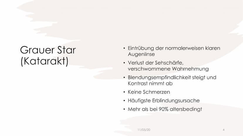 
<h2 id="ursachen">Ursachen</h2>
<p>Der Graue Star, auch bekannt als Katarakt, tritt in der Regel im Alter auf und resultiert in der Eintrüb