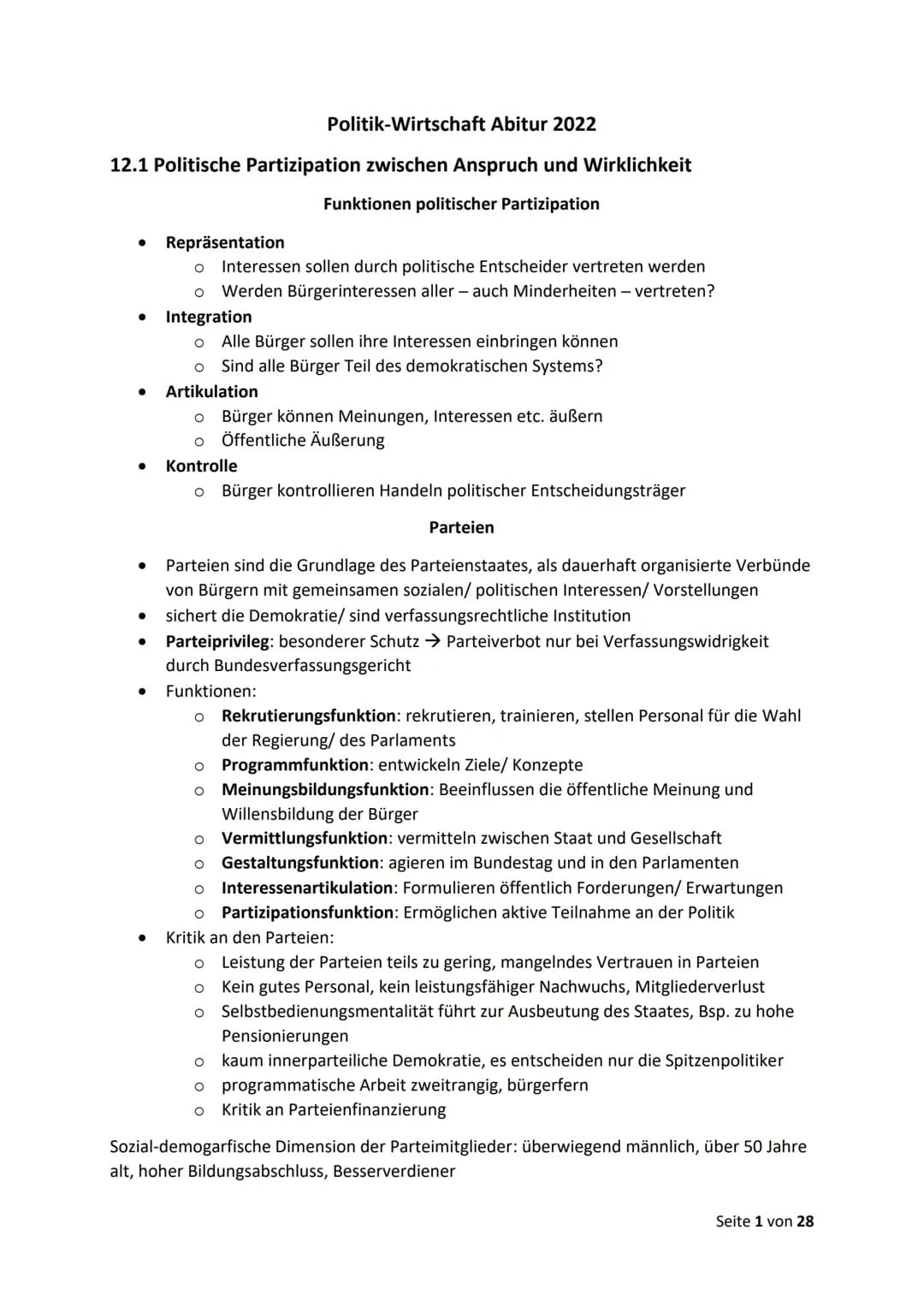 Politik-Wirtschaft Abitur 2022
12.1 Politische Partizipation zwischen Anspruch und Wirklichkeit
Funktionen politischer Partizipation
●
●
●
●