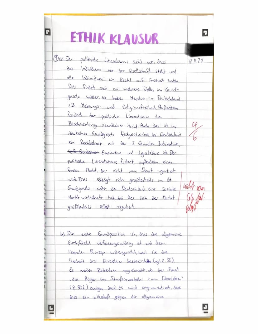 lame:
atum: 7.11.20
12
Klausur
im Fach Ethik
(Thema: Freiheit, Staat und Institutionen)
Die Bearbeitungszeit beträgt 90 min. Die Arbeit ist 