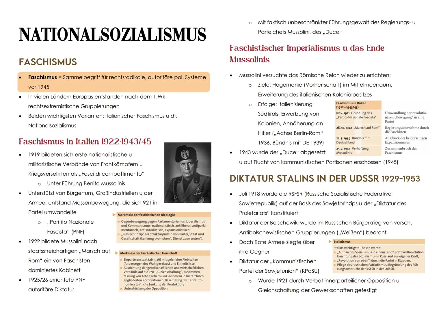 NATIONALSOZIALISMUS
FASCHISMUS
Faschismus = Sammelbegriff für rechtsradikale, autoritäre pol. Systeme
vor 1945
In vielen Ländern Europas ent