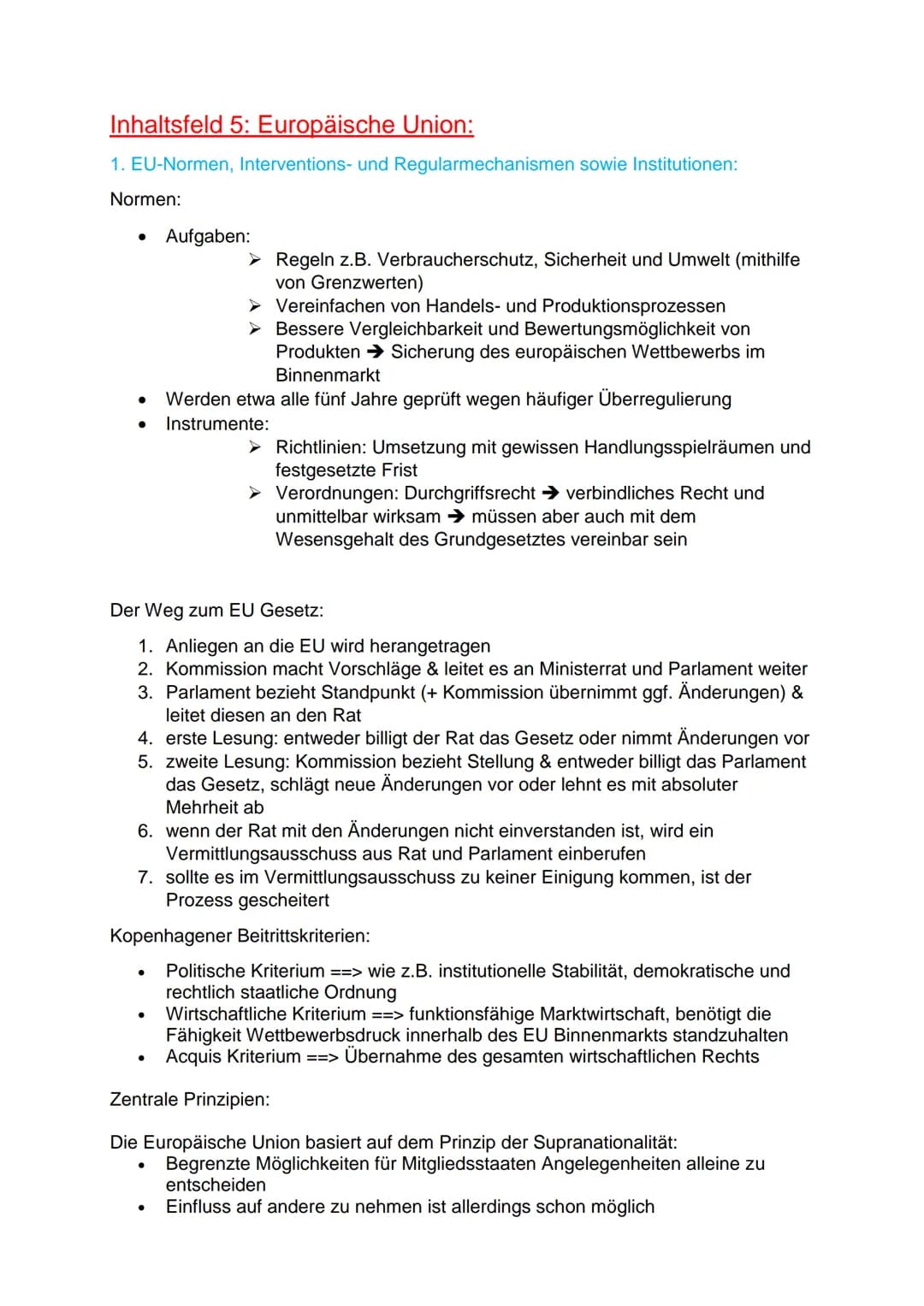 Inhaltsfeld 5: Europäische Union:
1. EU-Normen, Interventions- und Regularmechanismen sowie Institutionen:
Normen:
●
●
●
Aufgaben:
➤ Regeln 