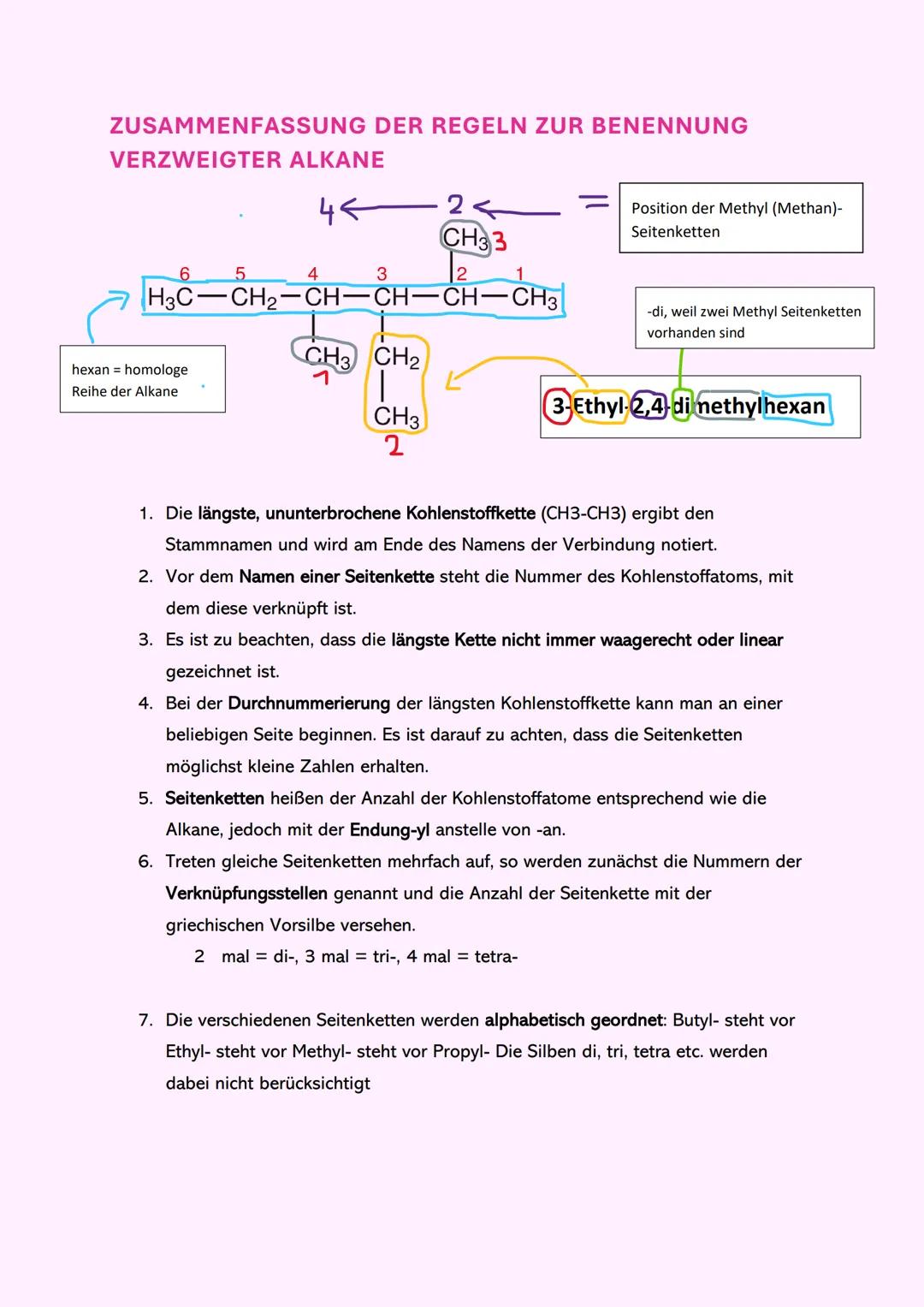 # ZUSAMMENFASSUNG DER REGELN ZUR BENENNUNG
VERZWEIGTER ALKANE

44

2
CH33

Position der Methyl (Methan)-
Seitenketten

6
5
4
3
2
H3C-CH2-CH-