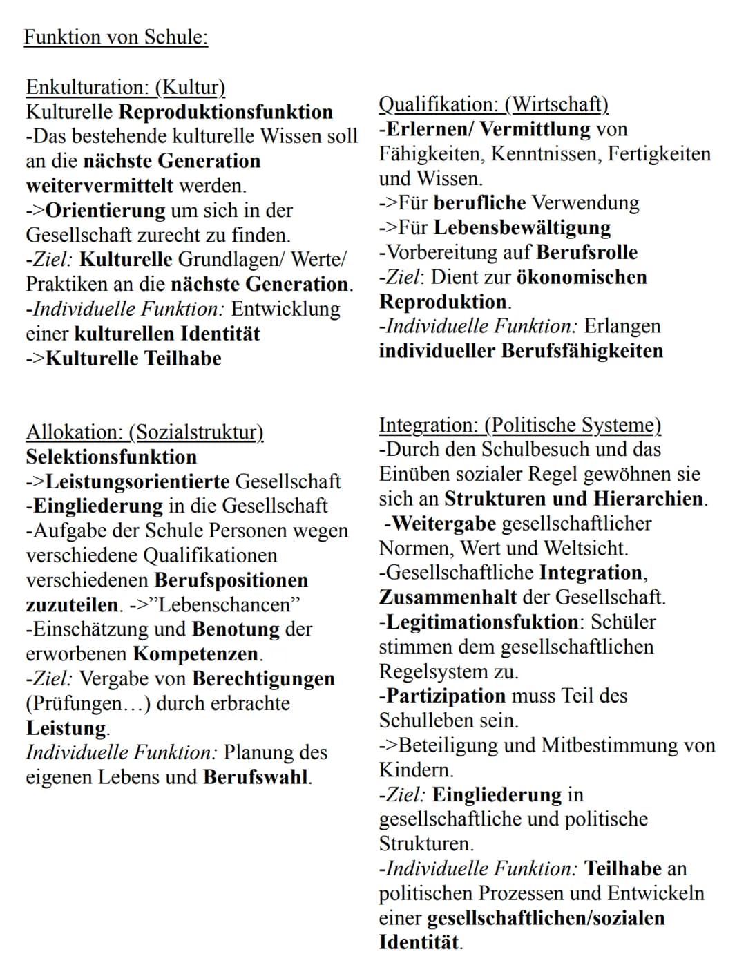 Funktion von Schule nach Fend
Allgemeines:
-Schule ist eine Institution der Gesellschaft und für die Gesellschaft.
-Vorbereitung für Lernend
