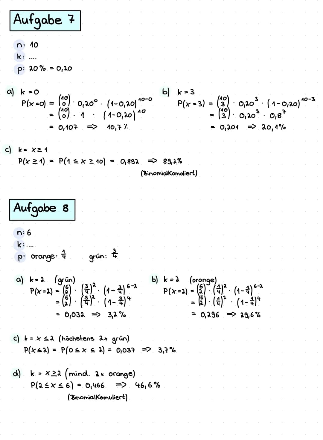 Aufgabe 5
• 8 Fragen mit 3 Antworten
• nur 1 richtig
a) genau 4 richtige Antworten
=> k= 4
P(x = 4) = (4)
(8) · (3) *
· (3)" · (1-3) ³-4
P(x