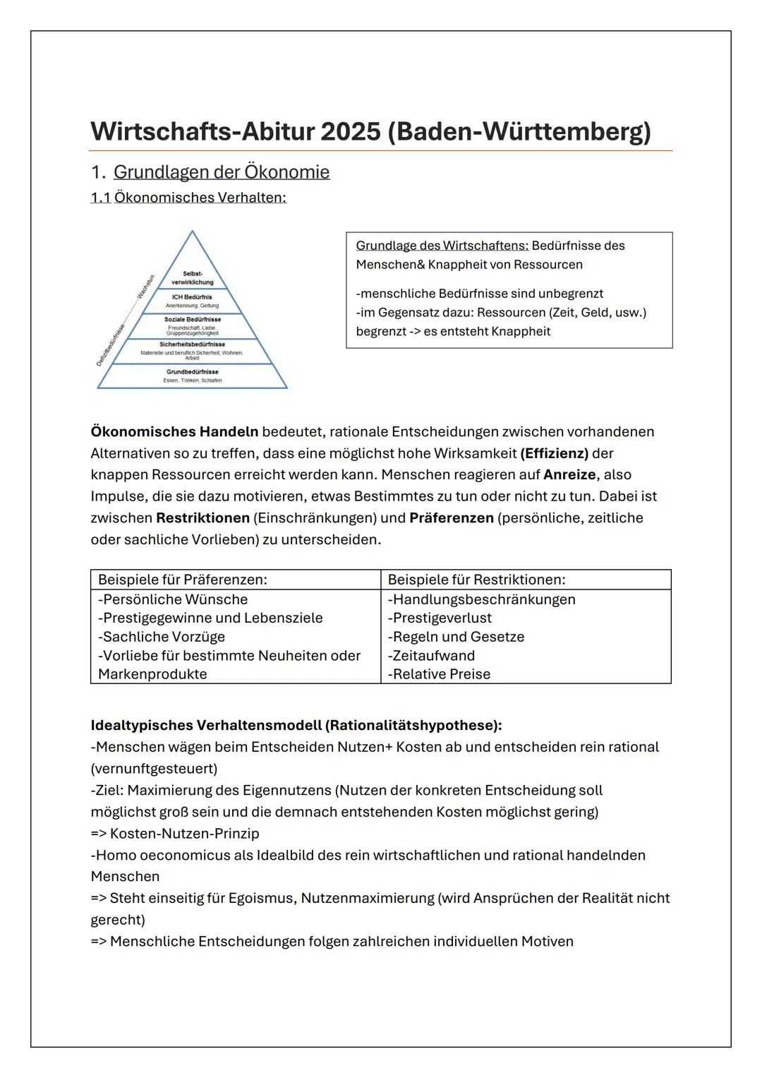 Wirtschafts-Abitur 2025 (Baden-Württemberg)
1. Grundlagen der Ökonomie
1.1 Ökonomisches Verhalten:
Wach
verwirklichung
ICH Bedi
Soziale
Sich