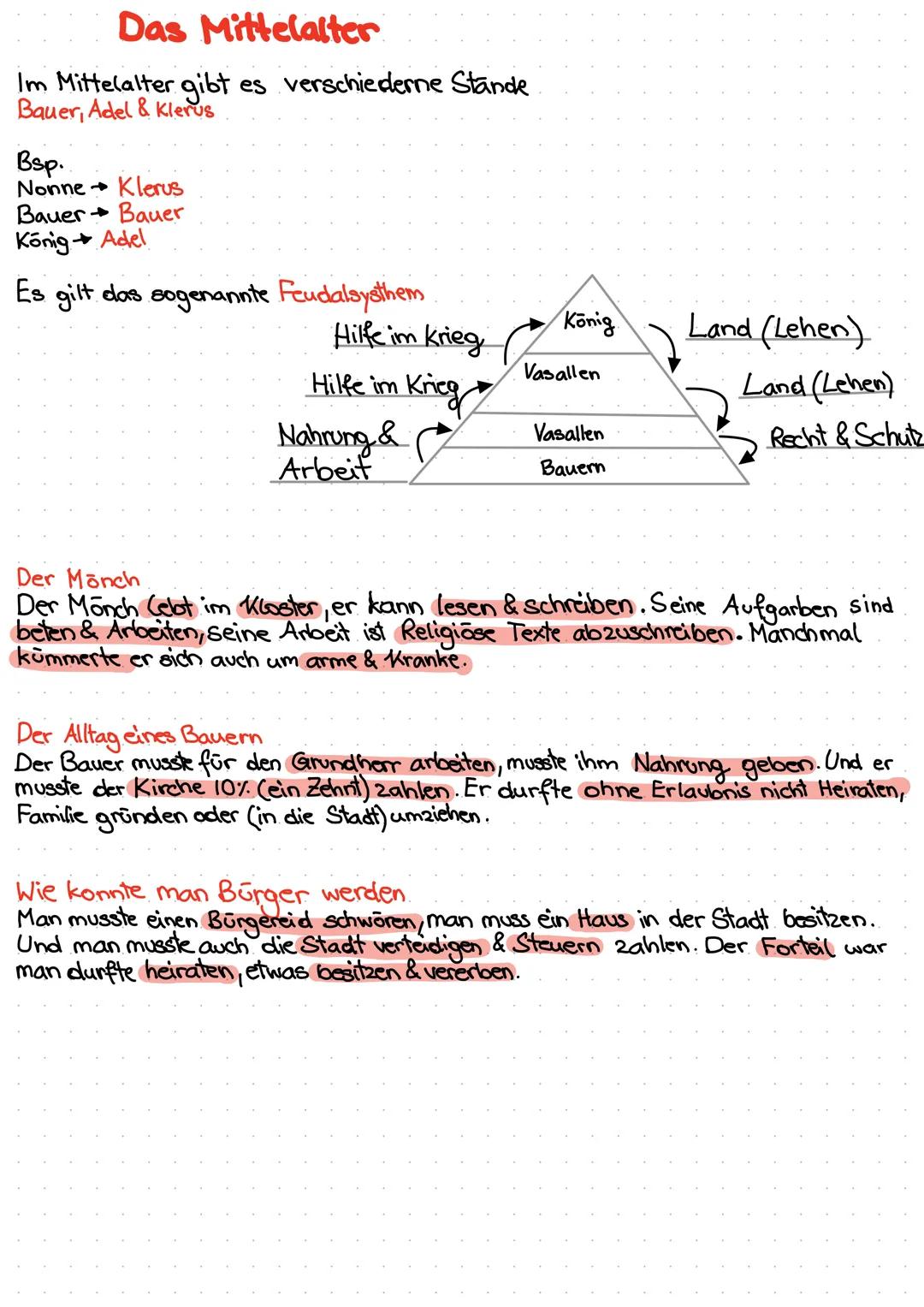 # Das Mittelalter

Im Mittelalter gibt es verschiederne Stände
Bauer, Adel & Klerus

Bsp.
Nonne Klerus
Bauer Bauer
König Adel

Es gilt das s