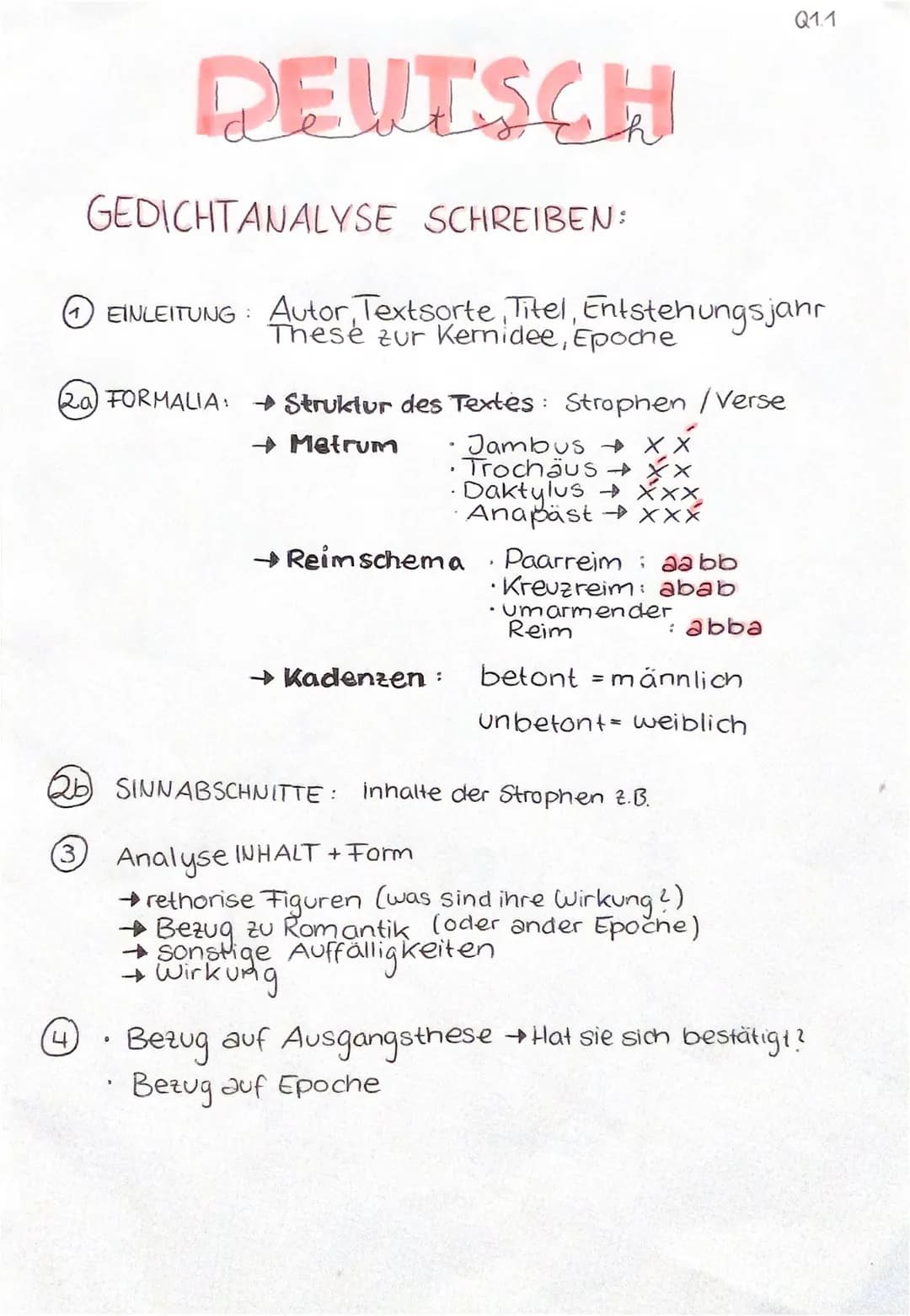 (20) FORMALIA: → Struktur des Textes: Strophen /Verse
→ Metrum
3
DEUTSCH
(4)
GEDICHTANALYSE SCHREIBEN:
EINLEITUNG: Autor Textsorte, Titel, E