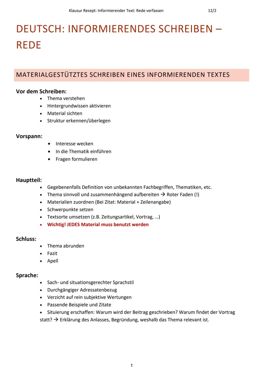 DEUTSCH: INFORMIERENDES SCHREIBEN -
REDE
Vor dem Schreiben:
MATERIALGESTÜTZTES SCHREIBEN EINES INFORMIERENDEN TEXTES
Vorspann:
Hauptteil:
Sc